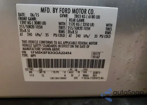 2016 Ford Explorer Limited from USA, damaged, VIN 1FM5K8F83GGA22454